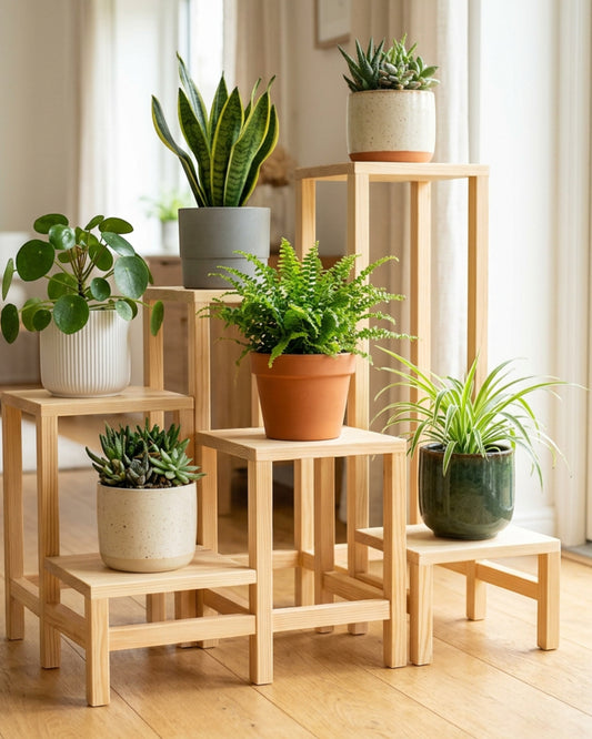 Kiivo Five-Tier Staggered Pine Plant Stand 100 x 95 cm Natural - Lifestyle view
