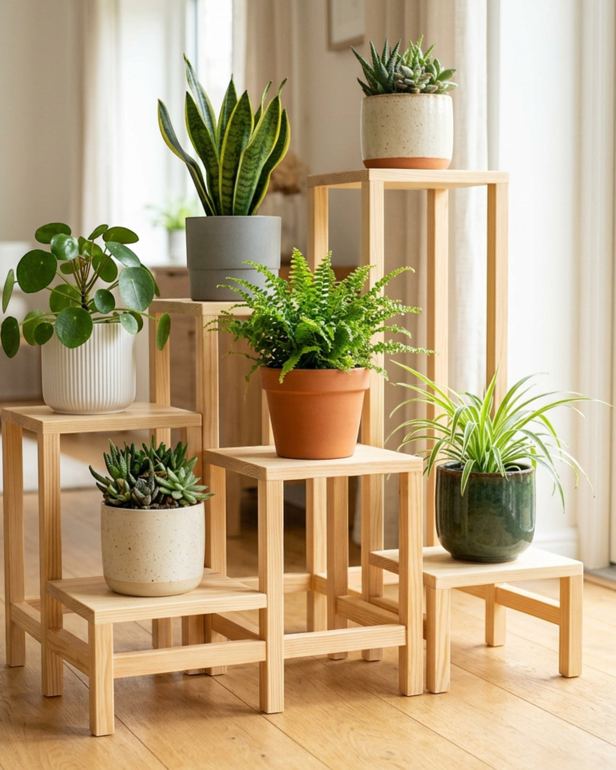 Kiivo Five-Tier Staggered Pine Plant Stand 100 x 95 cm Natural - Lifestyle view