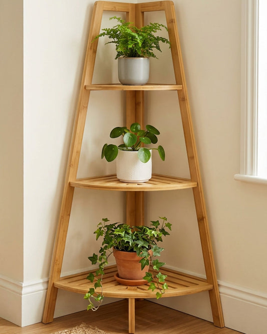 Kiivo Three-Tier Corner Bamboo Plant Stand 80 cm Natural - Lifestyle view