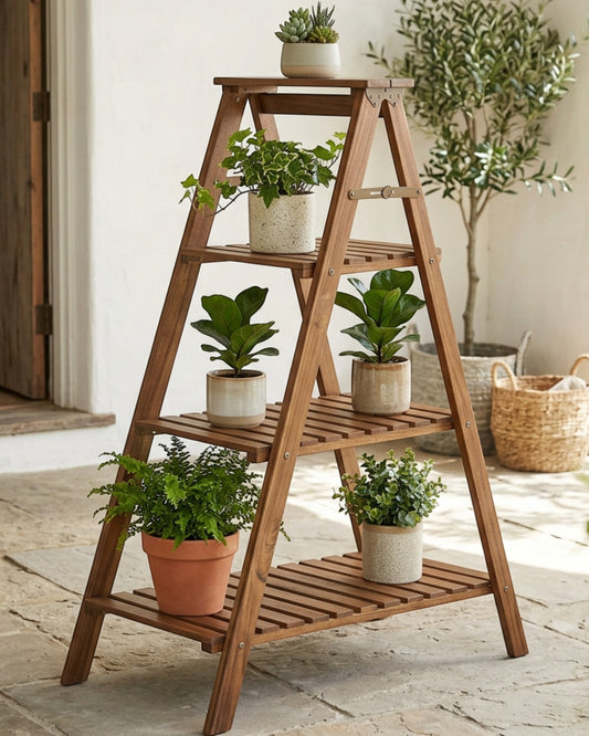 Kiivo Folding Four-Tier Wooden Ladder Plant Stand 110 cm Walnut - Lifestyle view